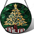 Stained Glass Window Hanging -Gold Green Christmas Tree Suncatcher by HWRHTR