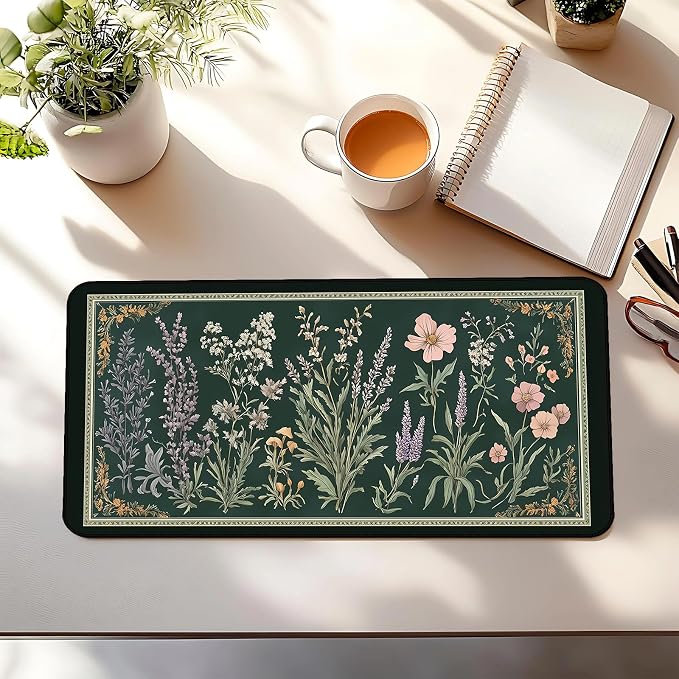 Deep Green Retro Desk Pad, Plant Flower Mouse Pad XXL, Large Gaming Mouse Mat - Image 3