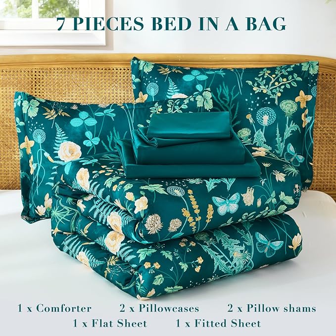 Yiran Queen Comforter Set 7 Piece, Teal Green Floral Bedding Set, Bed in a Bag - Image 6