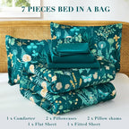 Yiran Queen Comforter Set 7 Piece, Teal Green Floral Bedding Set, Bed in a Bag - Image 6