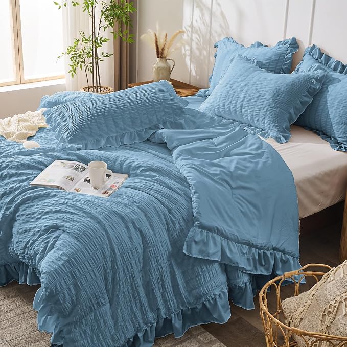 JOLLYVOGUE King Size Comforter Set, 3 Pieces Sea Blue Seersucker Comforters - Image 7