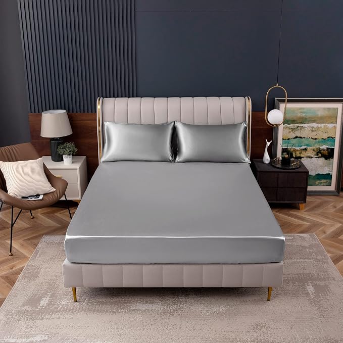 Homiest Luxury Light Grey Satin Fitted Sheet - Image 2