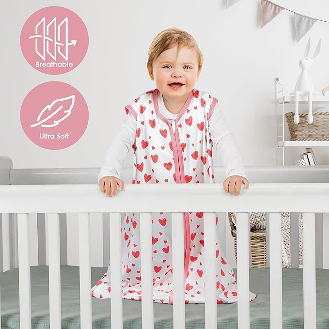 3 Pack Baby Sleep Sack 18-24 Months 100% Rayon Cotton Baby Sleeping Bag 2-Way Zipper Toddler Wearable Blankets Comfy Stretchy Lightweight TOG 0.3 （Heart&Pink&Floral）
