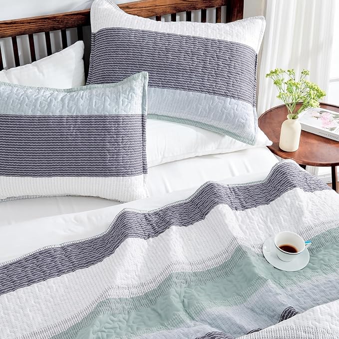 Andency Oversized Queen Quilt Bedding Set, 98x98Inch Sage Green Stripe - Image 3