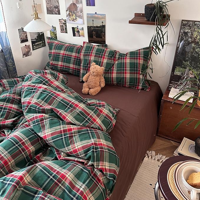 mixinni Vintage Green Buffalo Plaid Washed Cotton Duvet Cover Twin by mixinni