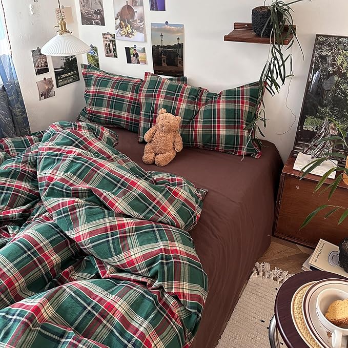 mixinni Vintage Green Buffalo Plaid Washed Cotton Duvet Cover Queen by mixinni