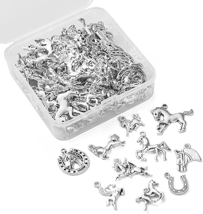 DanLingJewelry 100Pcs 10 Styles Antique Silver Horse & Horseshoe Animal Charms - Image 8