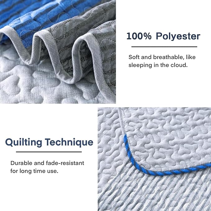Andency Stripe Quilt Set Queen, 3 Pieces Blue and Grey Patchwork Bedspread - Image 4
