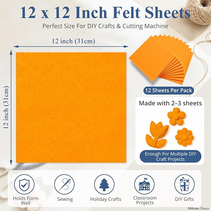 12" x 12" Felt Sheets for Crafts, 2mm Stiff Felt Fabric, Polyester Felt Squares - Image 3