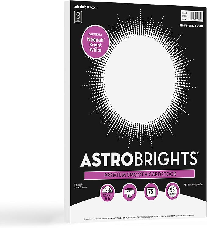 Astrobrights/Neenah Bright White Cardstock, 8.5" x 11", 65 lb/176 gsm, 75 Sheets by Astrobrights
