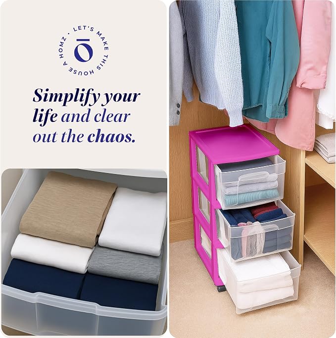 HOMZ Drawer Tower, 3-Tier Clear Plastic Storage Organizer Cart, and Classroom - Image 8