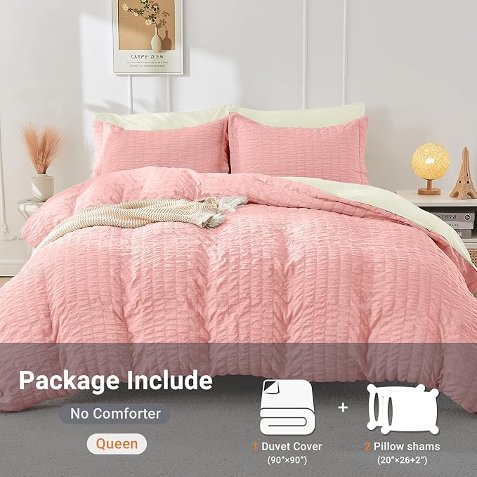 HYMOKEGE Pink/Ivory Duvet Cover Full Size, Ultra Soft 3-Piece Seersucker Duvet - Image 4