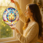 8 Inches Cross Stained Glass Suncatcher, Stained Glass Window Hanging, - Image 2