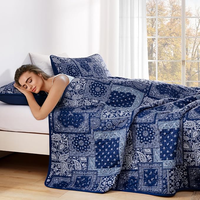 Cottolester Queen Quilt Set 3 Pieces, Boho Farmhouse Bedspread Soft Microfiber - Image 6