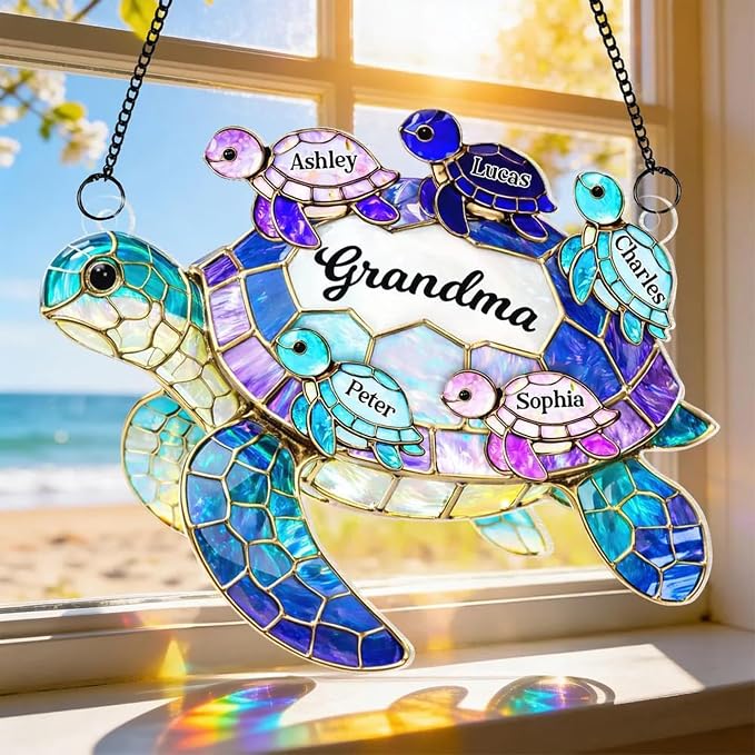 Grandma's Little Turtle Broken Glass Hologram Ornament, Personalized Grandma - Image 2