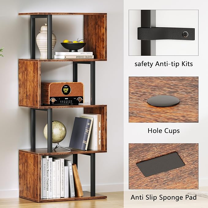 Furologee 5 Tier Bookshelf, S Shaped Geometric Bookcase, Narrow Freestanding - Image 6
