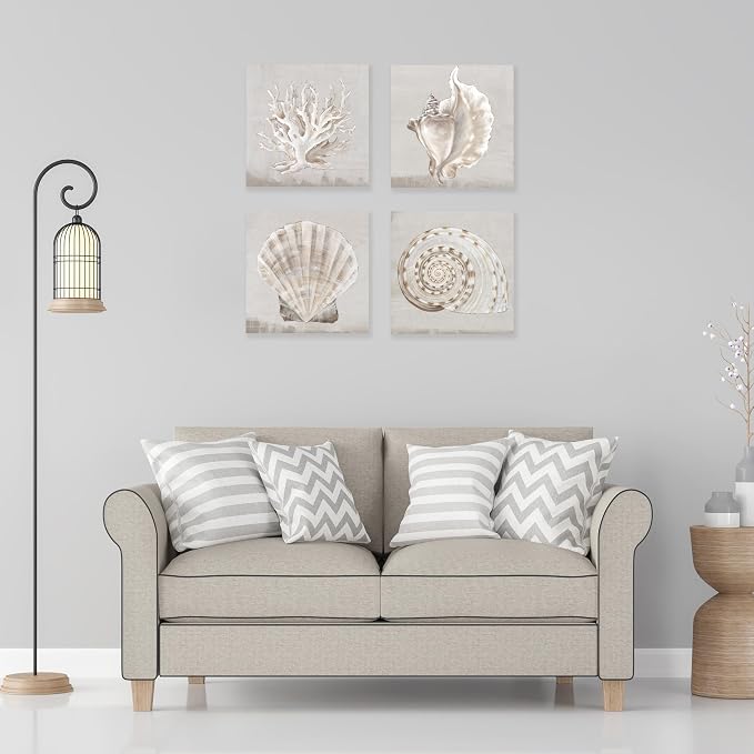JAPO ART White Sea Shells Pictures Coral Wall Decor Beach Canvas Wall Art - Image 5