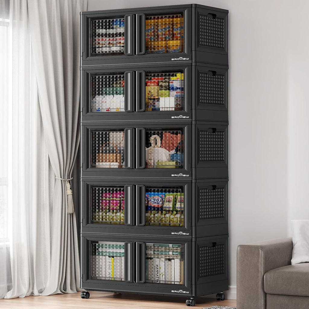 BROVIEW 500 Qt Stackable Storage Bins with Lids & Doors, 5 Pack Plastic Closet Organizer and Storage Drawers with Wheels, Large Collapsible Storage Boxes, Cabinet for Home, Office, V10, Black