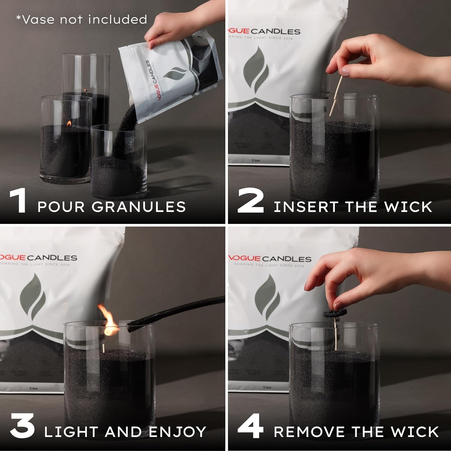 Vogue Candles 5LB Candle Sand with 50 Wicks | Bulk Refillable Plant-Based Granules for Custom Candle Making | Unscented, Clean Burn, Smoke-Free, Vegan Candle Refill Kit- Black