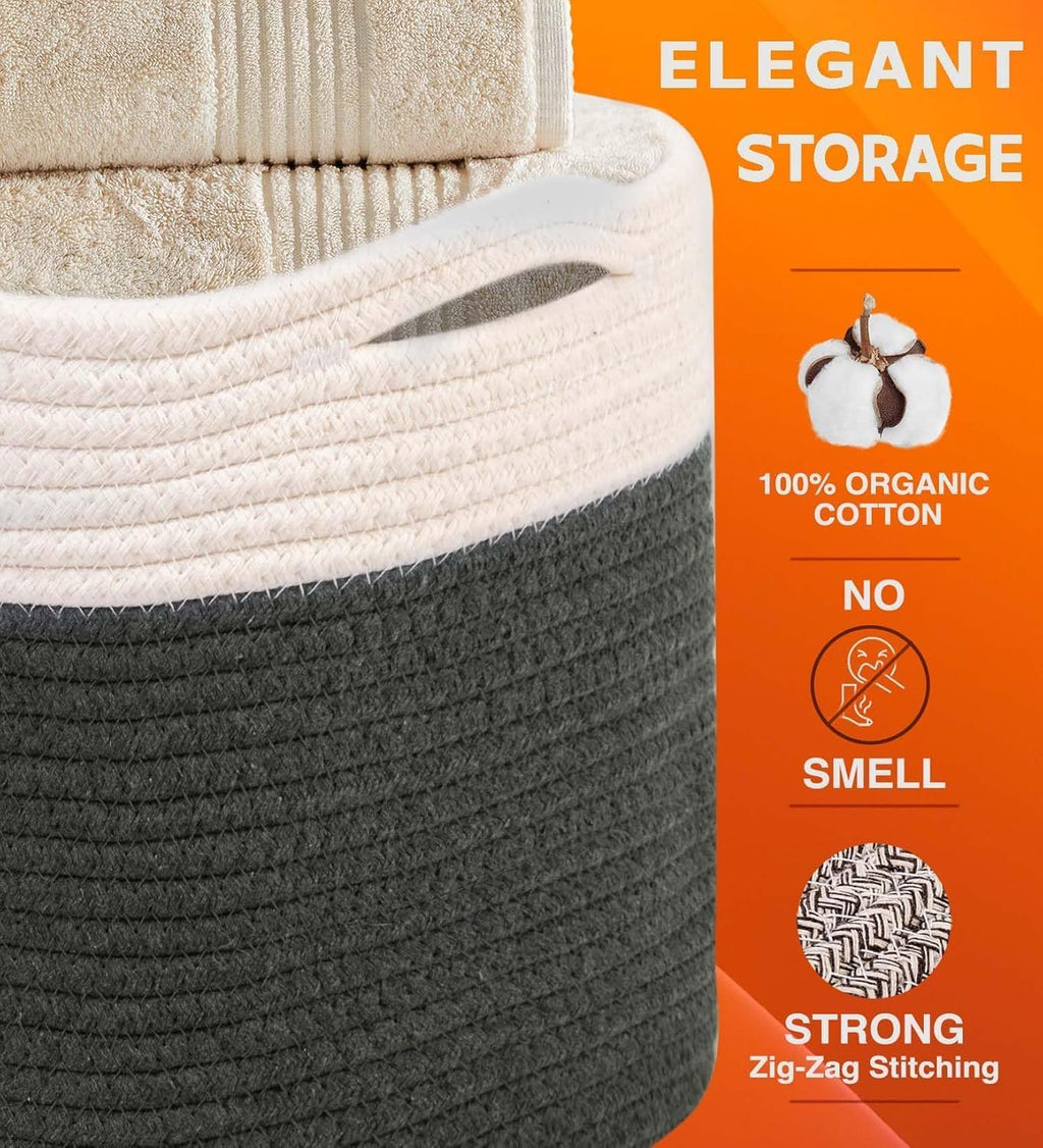 CHAT BLANC Cotton Rope Baskets for Organizing | Storage Baskets for Shelves | Rope Basket for Storage, Small Laundry Baskets, Woven Baskets for Storage, Dog Toy Bin, Baby Basket, White&Graphite 3 Pack