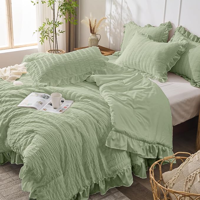 JOLLYVOGUE Sage Green Comforter Full Size, 3 Pieces Seersucker Lightweight Full - Image 7
