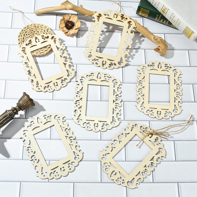 12 pcs Rectangle Theme Unfinished Wooden Photo Frames Floral Laser Cut Wood - Image 6