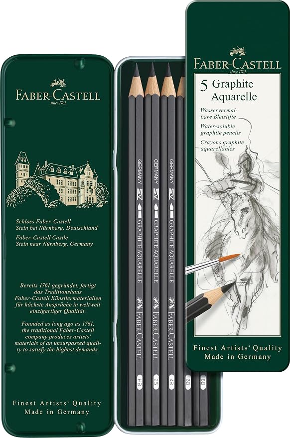 Faber-Castell 5 Piece Quality Water-Soluble Graphite Aquarelle Pencils in a Tin by Faber-Castell