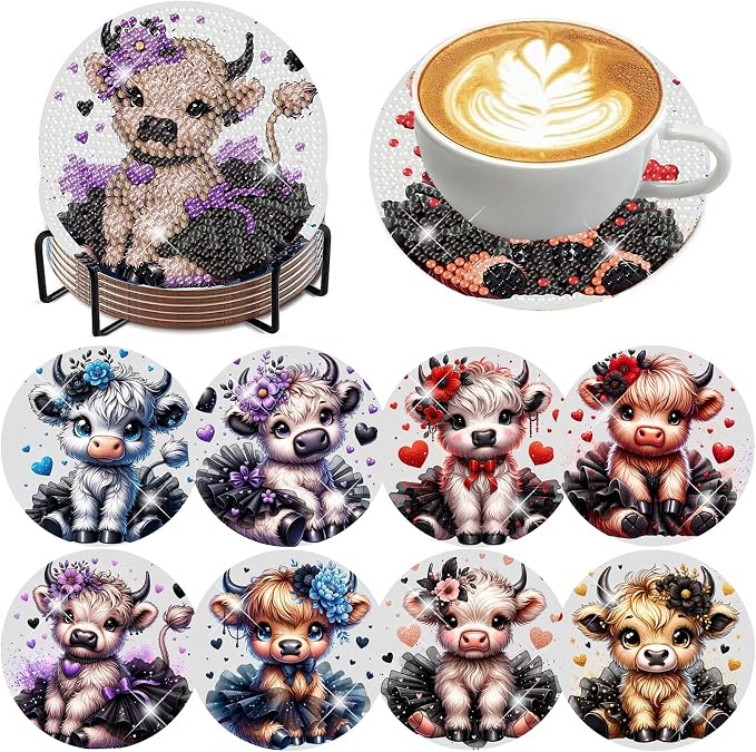 8 Pack Diamond Art Coasters, Highland Cow Diamond Painting Coasters Kits | Cow by Zythron