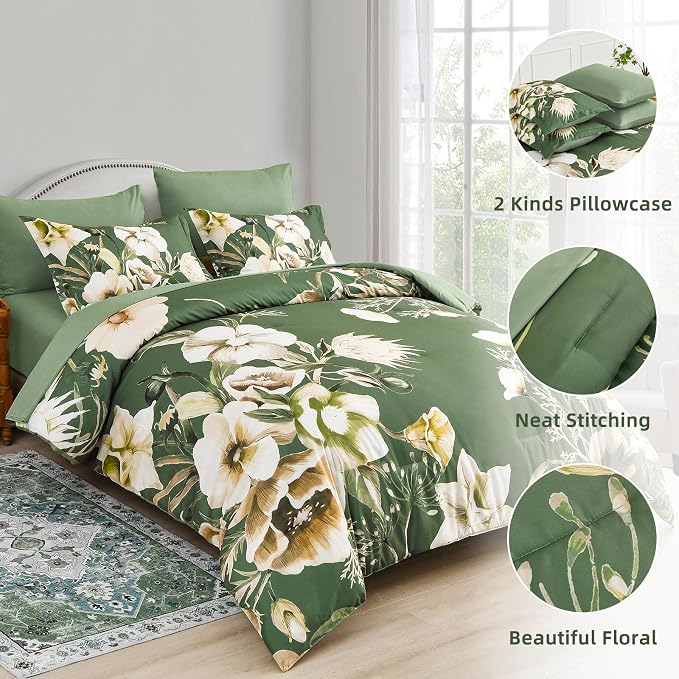 Luxudecor Floral Comforter Set Queen Size 7 Piece, Olive Green Flower Bed in a - Image 6