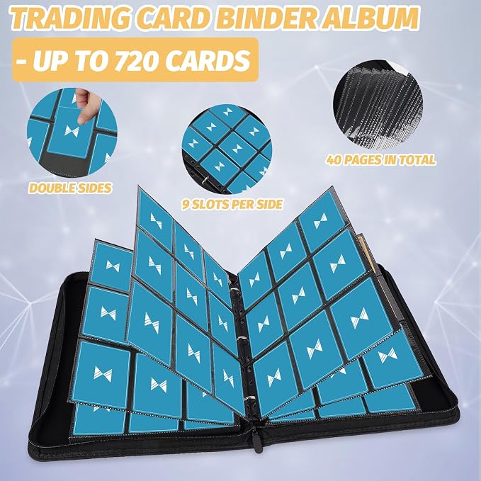 GERMUN 3 Ring 9 Pocket Zipper Card Binder, 720 Double Sided Standard PU Trading - Image 4
