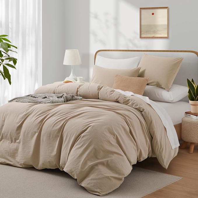 LOVQUE 100% Washed Cotton Duvet Cover Set King Size, Linen Like Natural Bedding - Image 2