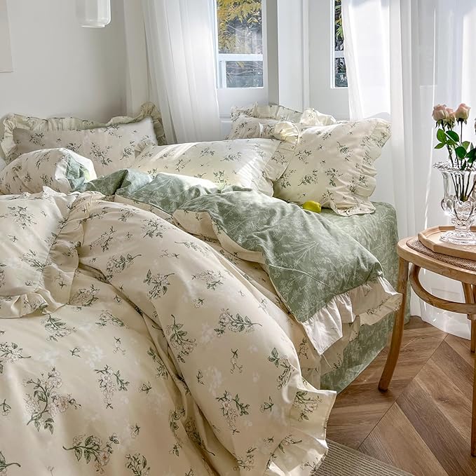 MKXI Botanical Floral Duvet Cover Full Beige Girls Floral Ruffled Bedding Set - Image 2