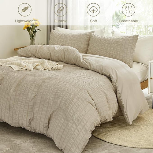 AveLom Beige Seersucker Duvet Cover Set King Size, 3 Pieces, Ultra Soft Washed - Image 2