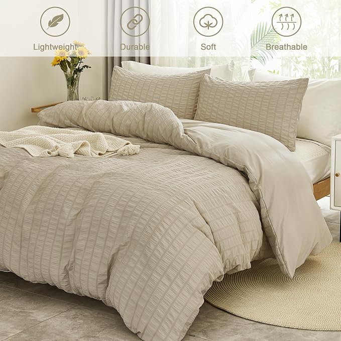 AveLom Beige Seersucker Duvet Cover Set Queen Size, 3 Pieces, Ultra Soft Washed - Image 2