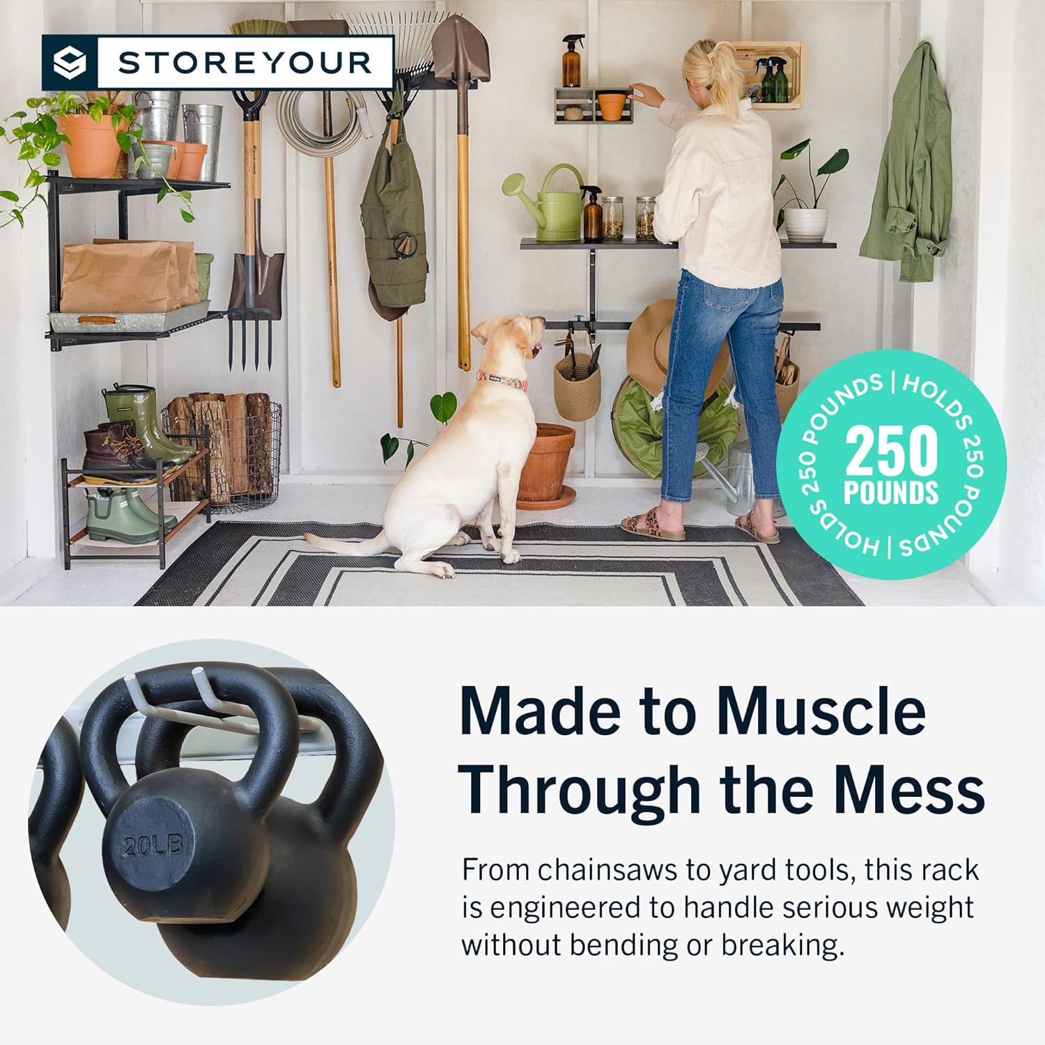 StoreYourBoard Wall-Mounted Rack With 4 Garage Hooks – Heavy-Duty Steel Holder Garage & Garden Storage for Shed, Workshop, or Home Organization – For Rakes, Shovels, Tools & More – 2 Pack, Gray