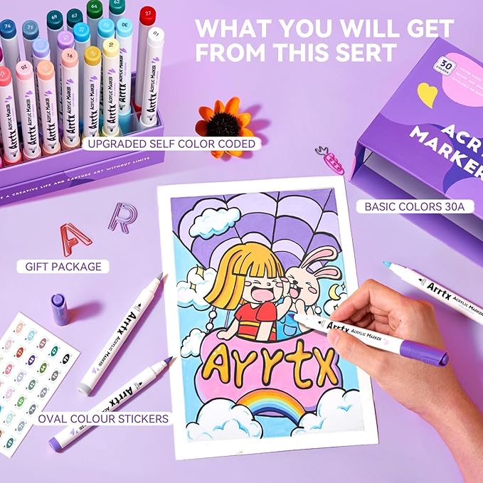 Arrtx Acrylic Markers 30A, Brush Tip Acrylic Paint Pens Markers - Image 6