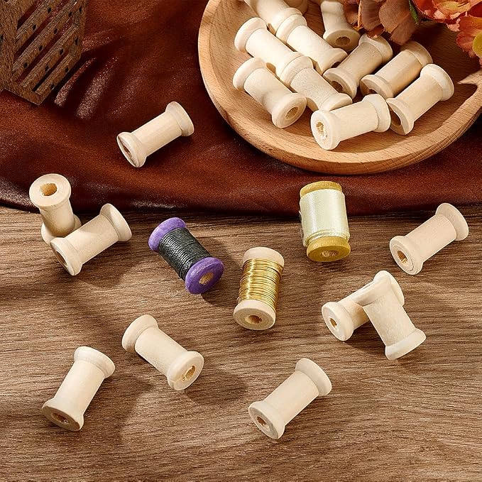 PH PandaHall 100pcs Natural Wood Spool, Unfinished Wooden Empty Thread Spool - Image 2