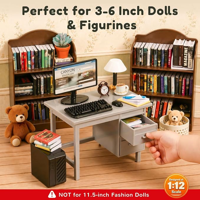 1:12 Scale Mini Desk Set with 100 Mini Books & 2 Bookshelves — Miniature - Image 3