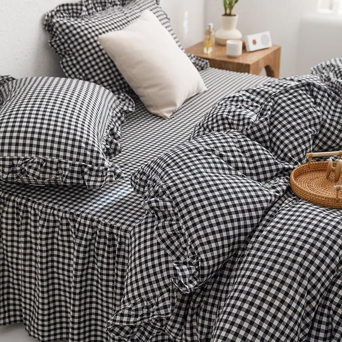 mixinni Black White Gingham Ruffle Duvet Cover Full Size 3 Pieces – 100% Washed - Image 6