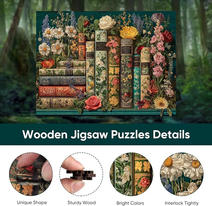 BODHIPNJOY Bookshelf Puzzles for Adults 500 Pieces, Wildflower Books Pages - Image 2