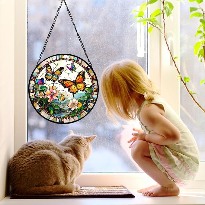 DASTOLL Stained Glass Window Hanging, Butterflies Flying in the Sky Suncatcher - Image 2