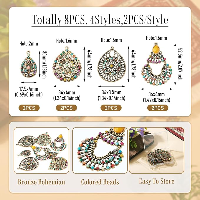 8Pcs Alloy Western Bohemian Teardrop Charms Antique Bronze Tibetan Style - Image 5