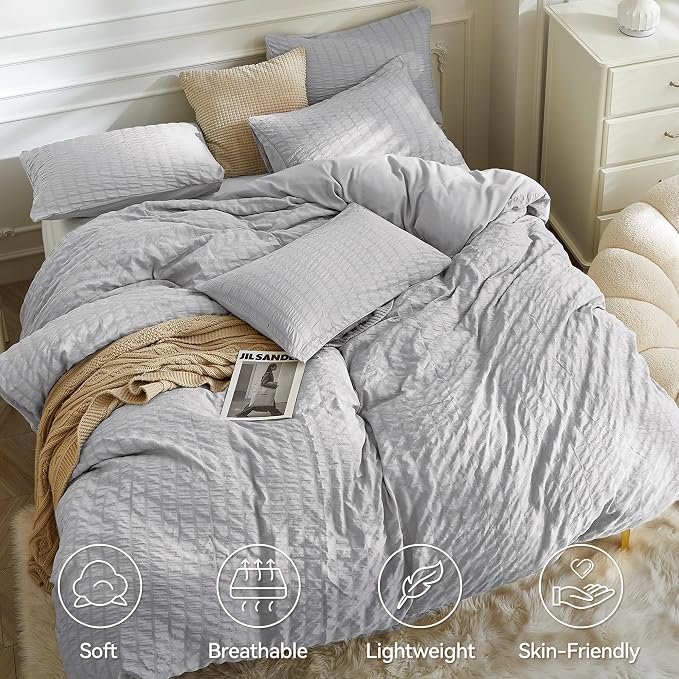 JELLYMONI Light Grey Duvet Cover Twin Size, Soft Breathable Seersucker Duvet - Image 2