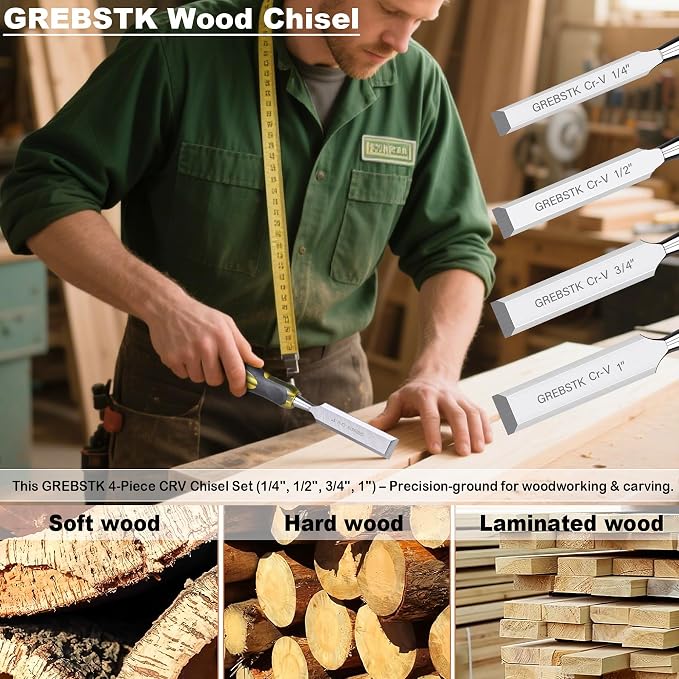 GREBSTK 4-Piece Ultra-Sharp Wood Chisel Set, CR-V Steel Beveled Blades - Image 6