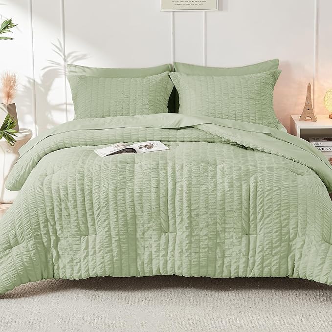 HYMOKEGE Light Green Queen Comforter Set Seersucker 7 Pieces, All Season Luxury - Image 9