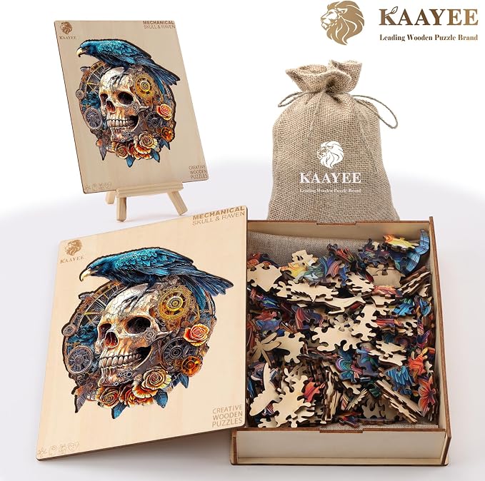 KAAYEE Wooden Puzzles for Adults, 3D Visual Effect Raven & Mechanical Skull - Image 7