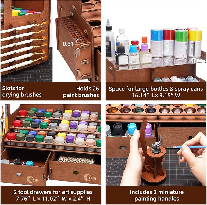 OPHIR Paint Rack for 60 Bottles and 32 Brushes, Wooden Acrylic Paint Organizer - Image 4