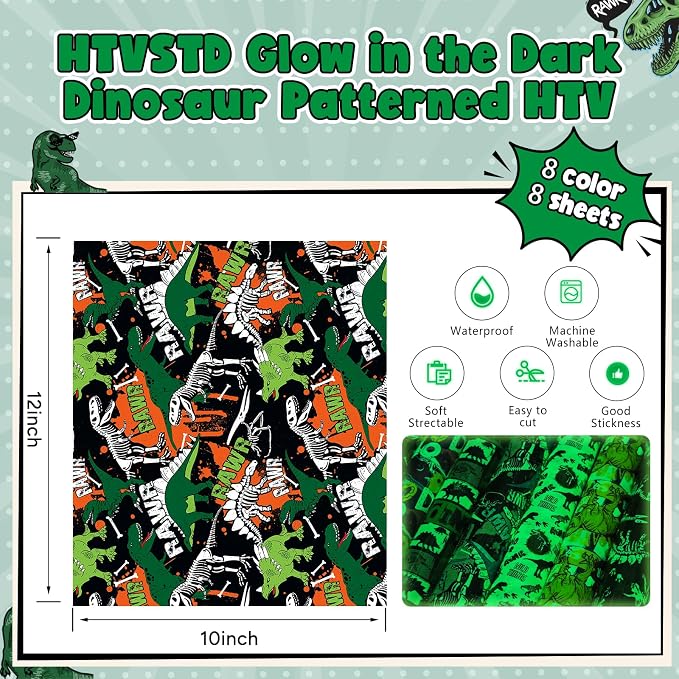 HTVSTD Dinosaur HTV Heat Transfer Vinyl 8 Sheets 12×10in Iron on Vinyl | Dark - Image 2