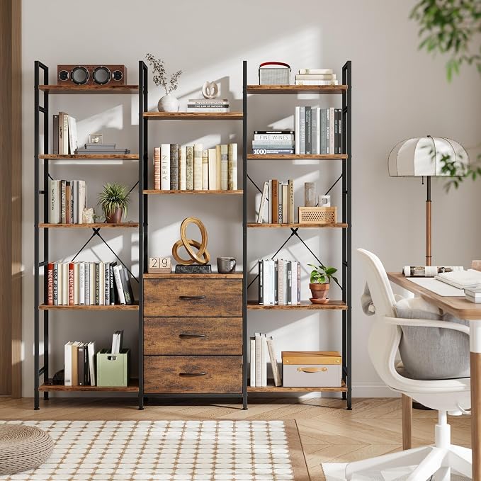 AFLUI Triple Bookshelf with 3 Fabric Drawers, 5-Tier Book Shelf and 10 Display - Image 9