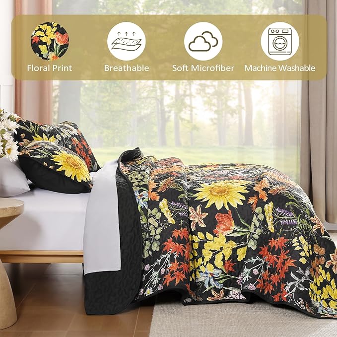 Yiran Floral Quilts Queen Size, 3 Pieces Summer Colorful Soft Lightweight - Image 6